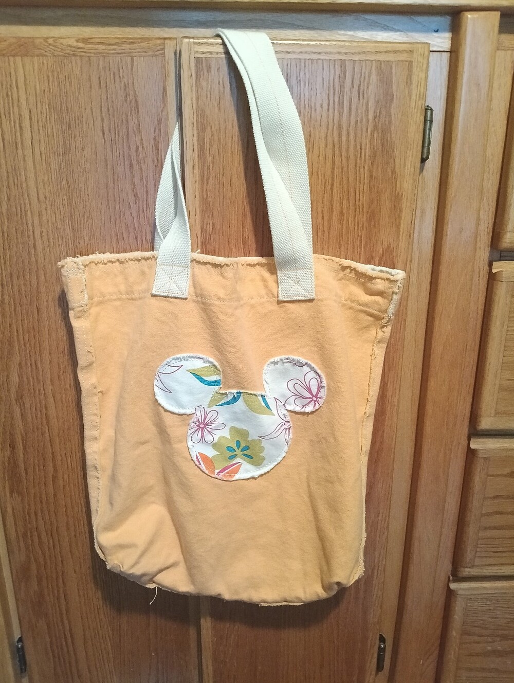 Disney Mickey Distressed Peach Canvas Tote Bag with Floral Applique